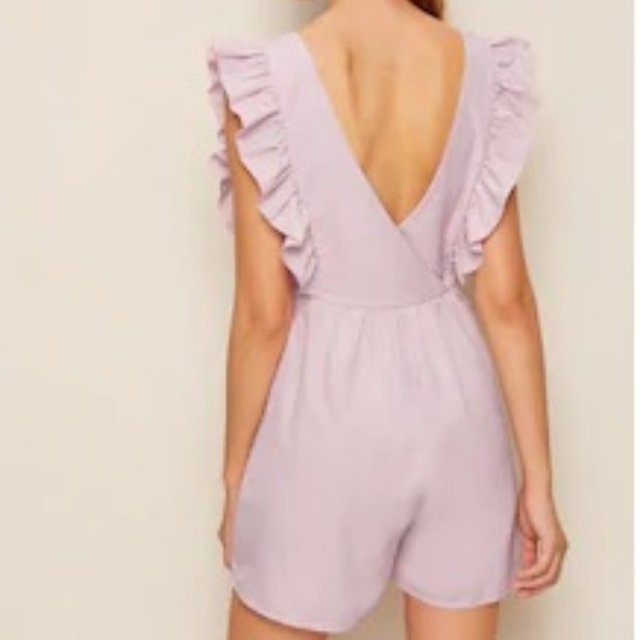 Lavender ruffle trim v neck romper solid print - Picture 3 of 7